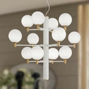 lampadario design Copernico ferro ottone 12 luci con sfere in vetro bianche - Imagen 1 de 4