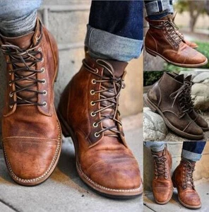 Roman Mens Vintage Round Toe Lace Up Work Ankle Boots Shoes Motorcycle Boot Hot - Picture 1 of 9