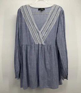 Top contadino XL blu bianco righe orlo pizzo tunica cottagecore Suzanne Betro floreale - Foto 1 di 12