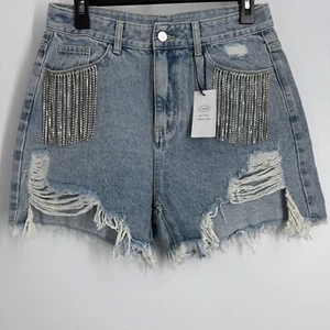 Cider Denim Shorts Rhinestone Fringe Distressed Ripped Blue XL - Picture 1 of 6