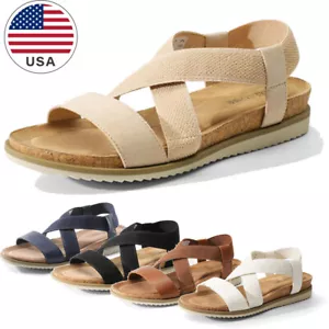 Women's Low Wedge Sandals Open Toe Slip On Strappy Flat Sandals Summer Shoes - Picture 1 of 41