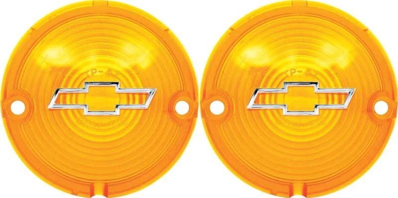 1957 Chevrolet Bel  Air 150 210 Nomad; Park Lamp Lenses; Amber; With Chrome Bow - Image 1 of 1