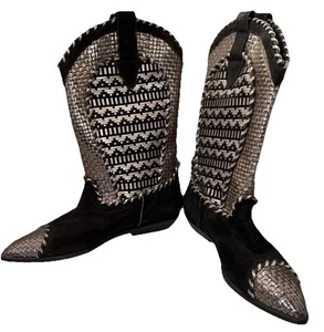 Donald Pliner Silver & Blk Woven Leather Boots 90's Spain 8.5 B Women NWT - Picture 1 of 8