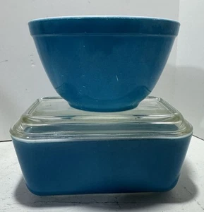 Vintage blau Pyrex Schüssel und Kühlschrank Geschirr mit Deckel 1950’s 1-1/2 Pint 0502  - Bild 1 von 24