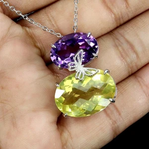 925 Sterling Silver Necklace Oval Lemon Quartz 18x13mm Amethyst Gemstone 16in - Picture 1 of 14
