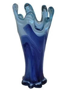 Vintage geschwungene Glas Drapierung mundgeblasene blaue Vase 16" selten Vintage MCM Glaskunst - Bild 1 von 22