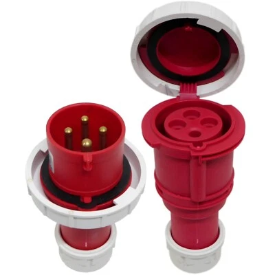 32A 4 Pin Waterproof IP67 Plug & Coupler socket 415V 32 Amp 3P+E Red FAST FIT - Image 1 of 4