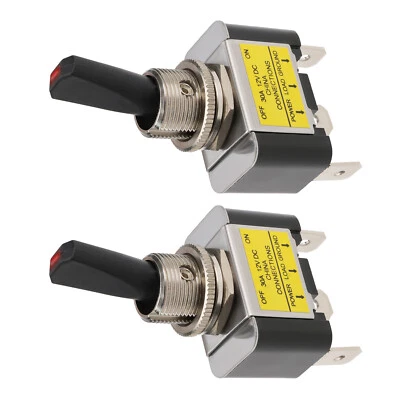2pc Universal 12V 30A 3Pin On /Off Toggle Flick Flip Switch w/ Red LED for Auto - Image 1 of 4