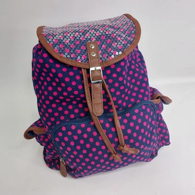 Navy and Hot Pink Polka Dot Canvas Backpack Brown Adjustable Straps Sequins Flap - Image 1 of 4