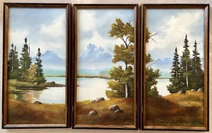Precioso tríptico raro vintage óleo sobre lienzo pintoresco paisaje bosque lago - Imagen 1 de 8