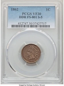 1862 Indian Cent, DDR S-5, PCGS VF30, - Picture 1 of 4