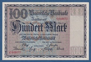 GERMAN STATES -- BAYERISCHE NOTENBANK - 100 MARK ( 1.1.1922 ) -- VF -- PICK S923 - Picture 1 of 2