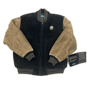 NEW Vintage Trump Plaza Varsity Leather Bomber Jacket Black/Brown Mens Large - Picture 1 of 4