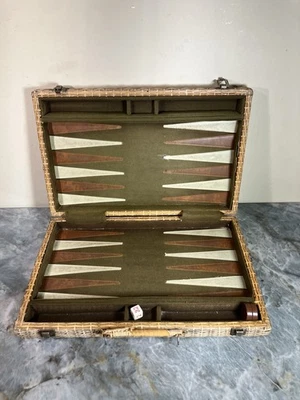 Vintage Retro Backgammon Set Board Game Wicker Rattan Travel Case PACIFIC GAMES - Image 1 of 4