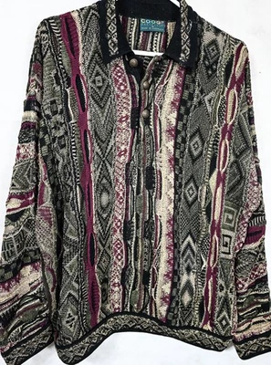 VINTAGE Coogi Australia Polo Neck Metal Buttons Green and Tan Jumper Sweater L  - Image 1 of 4