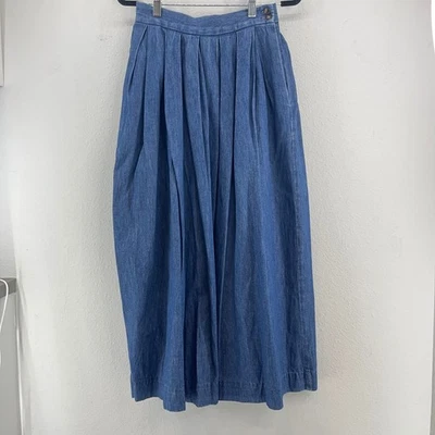 Falda midi de mezclilla plisada cintura alta 4 azul algodón pradera cabaña vintage tallada con volantes Foto 1 de 4