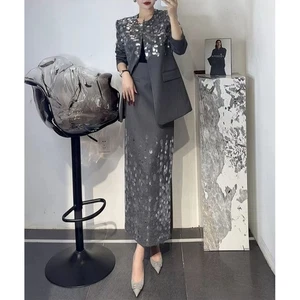 Moda Traje Diseño Lentejuelas Suelto Cuello Redondo Blazer Abrigos Falda Oficina Conjuntos 2 un. - Imagen 1 de 11