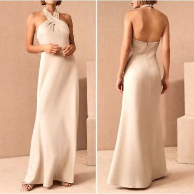BHLDN Ruby Twist Halter Dress sz US 0 Satin Full Length Champagne Formal Wedding - Image 1 of 4
