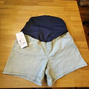 NWT Isabel Maternity Sz 12 Distressed Crossover panel Midi Jean Shorts T15 - Picture 1 of 7