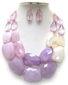 CHUNKY Multi Acrylic Stone Lavender Light Purple Double Necklace Set - Picture 1 of 1