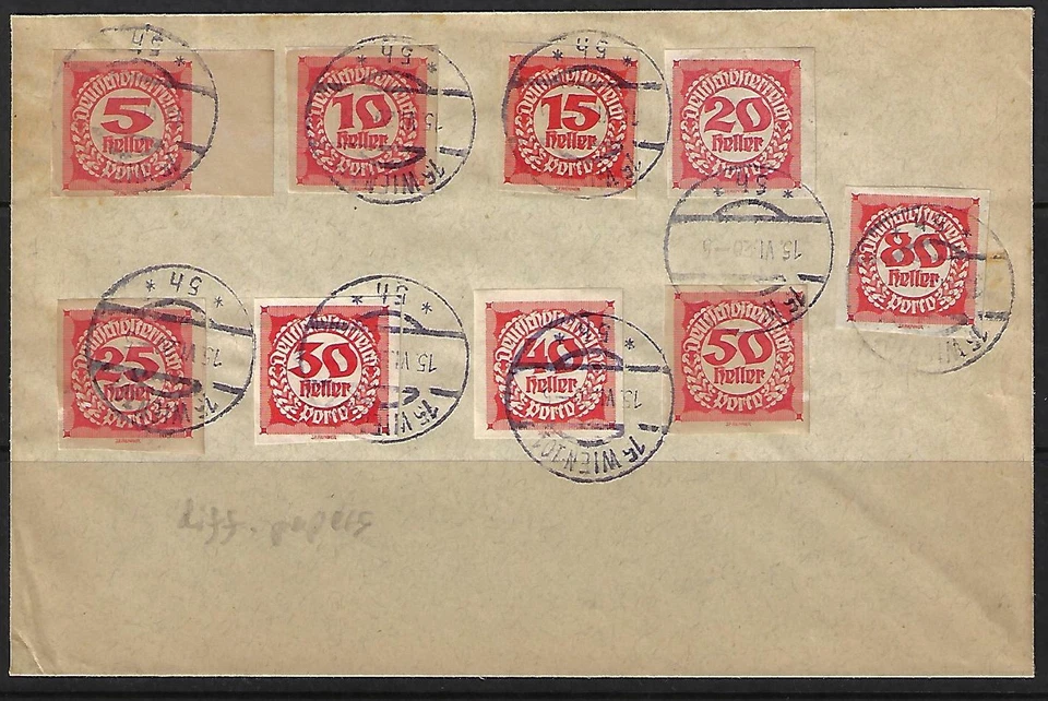 AUSTRIA 1920 FRANQUEO IMPERFECTO DEBIDO 9 DIFF EN PAPEL BUFF Y PAPEL BLANCO SIN LISTAR Foto 1 de 1