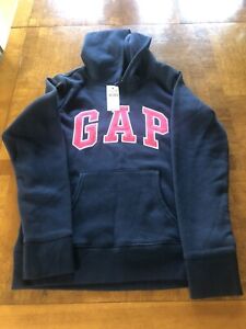Gap Girls Navy Blue Hoodie Sweatshirt Fleece Pullover Pink Logo SZ LRG New Tags