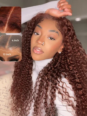 Brazilian Reddish Brown Curly Glueless Pre Cut 13x4 Lace Front Wigs Human Hair - Image 1 of 4