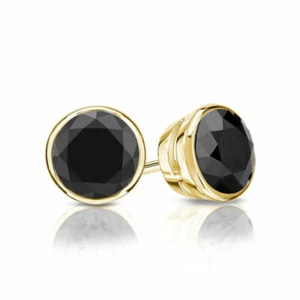 Aretes con bisel redondo de diamantes negros TDW de 3,00 quilates de oro amarillo de 14 quilates - Imagen 1 de 1