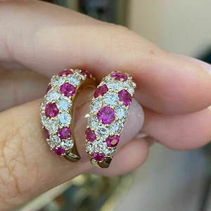 2.00Ct Round Cut Simulated Red Ruby Hoop Earrings 14K Yellow Gold Plated Silver - Picture 1 of 4