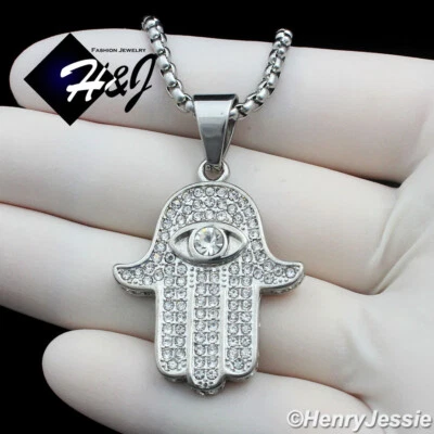 18"-36"MEN Stainless Steel 3mm Silver Box Chain ICY CZ Hamsa Hand Pendant*P140 - Image 1 of 4