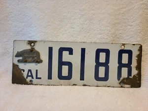 Vintage 1916 California License Plate PORCELAIN ORIGINAL BEAR TAB - Picture 1 of 5