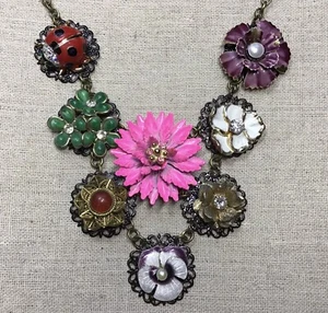 Up Cycled Vintage Flower Necklace- 7 Flowers, 1 Ladybug, Multicolored Flowers - Picture 1 of 5