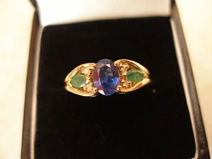 9 CARAT GOLD SAPPHIRE, EMERALD AND DIAMOND RING BRAND NEW IN BOX MADE IN ENGLAND - Picture 1 of 5