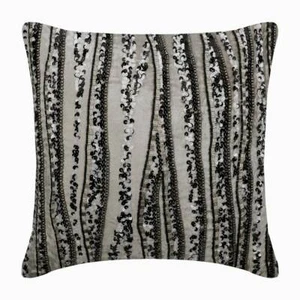 Pillow Case Grey 16"x16", Square Velvet Beaded Sequins - Underground Stripe - Picture 1 of 3