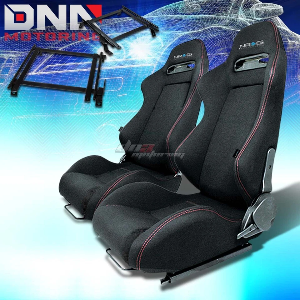 FOR 02-06 RSX DC5 K20 BRACKET+NRG TYPE-R BLACK CLOTH RACING SEAT RECLINABLE X2 - Image 1 of 1