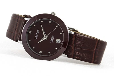 CAVADINI Damenuhr Edelstahl mit Keramik-Lünette rotbraun CV-745 33mm Lederband - Bild 1 von 2