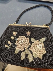 vintage black beaded floral bag evening bag - Picture 1 of 6