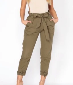 Fashion Nova Paperback Waist Pants Womens Medium Green Ankle Ties Pockets Belted - Picture 1 of 9
