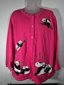 Quacker Factory Pink Button-Up Cardigan Sweater Panda Bears Size 2X - Picture 1 of 8