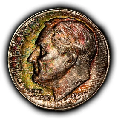 1959 10c Silver Roosevelt Dime - PQ Neon Rainbow Canvas Bag Toning - SKU-Z6380 - Image 1 of 4