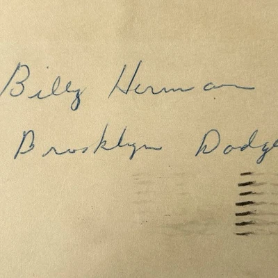 1955 Brooklyn Dodgers Billy Herman Autograph 1955 World Series Baseball Champs - Image 1 of 4