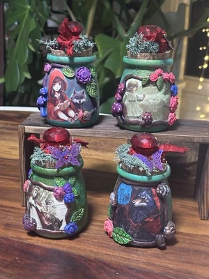 Set Of Four Decorated 7oz Little Red Riding Hood Jars. Art Storage. - Image 1 of 4