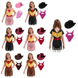 Kids Girls Cowgirl Costume Halloween Western Rodeo Dress Cowboy Hat Bandana Set - Photo 1/13