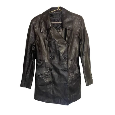 Chaqueta chaquetón de cuero marrón oscuro de doble botonadura para mujer Foto 1 de 4