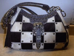 Ivory & Brown checkered LARGE CONCEAL CARRY PURSE Cowhide Handbag SALE!!! - Picture 1 of 3