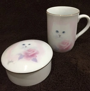 ✨REDUCED✨ OTAGIRI WHITE KITTY CAT PINK ROSE MUG&TRINKET BOX SIGNED BOB HARRISON - Picture 1 of 12