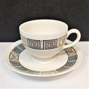 Set/8 Wedgwood Asia Black Cup & Saucer Sets Bone China Greek Key MCM England - Picture 1 of 4