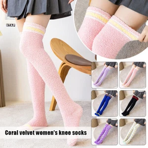 1Pair Womens Soft Coral Fleece Knee Socks Winter Striped Cozy Fluffy High Socks - Picture 1 of 47