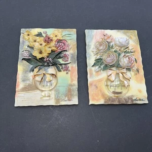 Vintage PAIR of  S.VASSILEVA 3D Resin Wall Art Plaque “FLOWERS” 6” X 4.5” - Picture 1 of 5