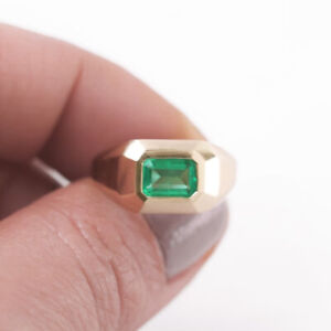 1.00 Ct Emerald Cut Natural Emerald Men's Signet Engagement Ring 14K Yellow Gold